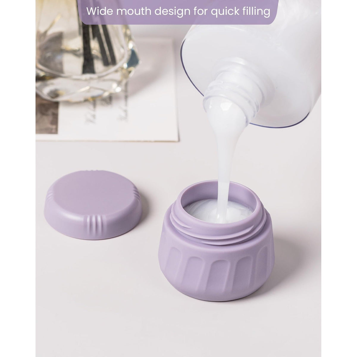 Mrsdry Travel Containers feature a wide mouth design for easy filling and a stylish, durable lavender color for travel convenience.
