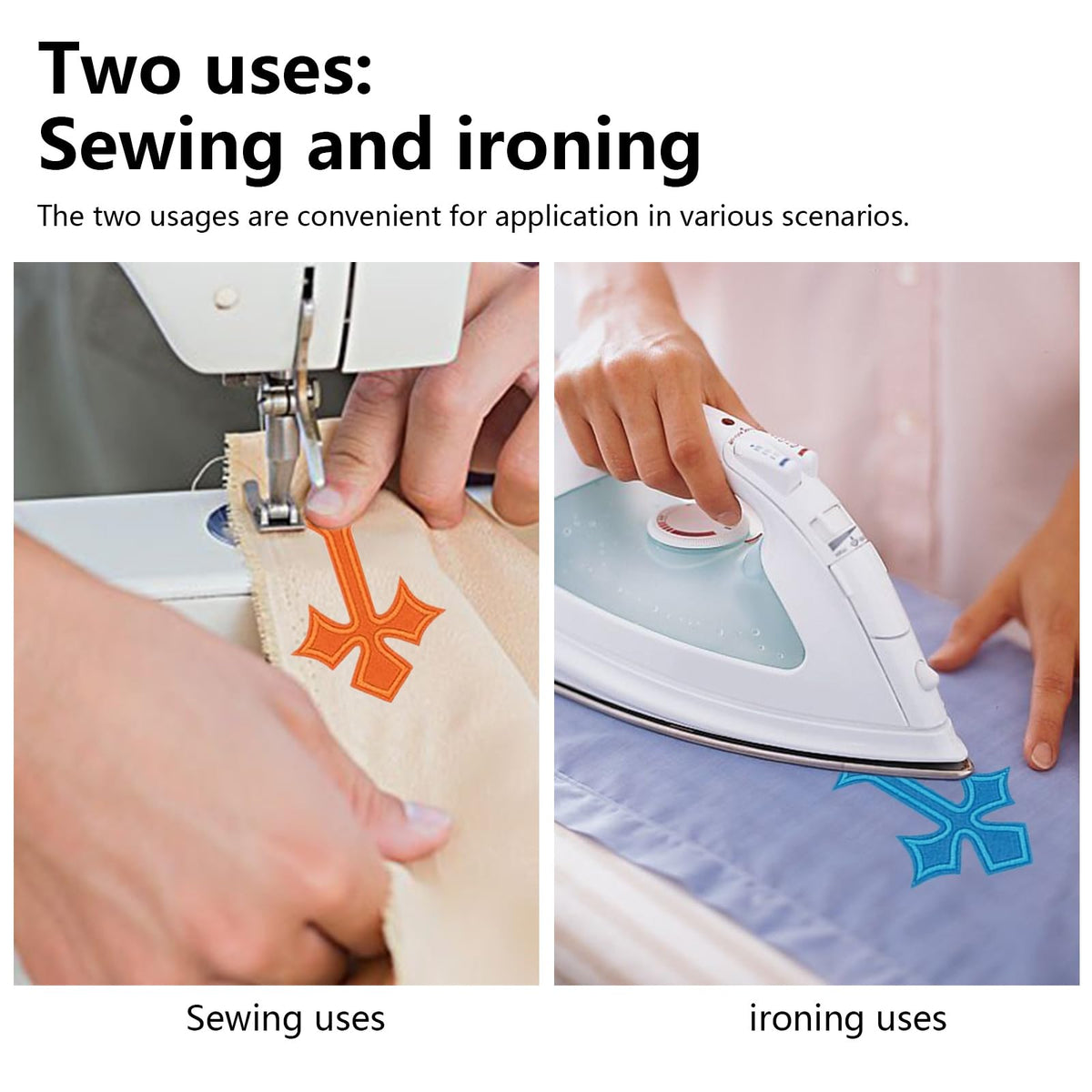 Cross iron-on patches for clothing showcased for sewing and ironing applications. High-quality finish available at Curat Cart.