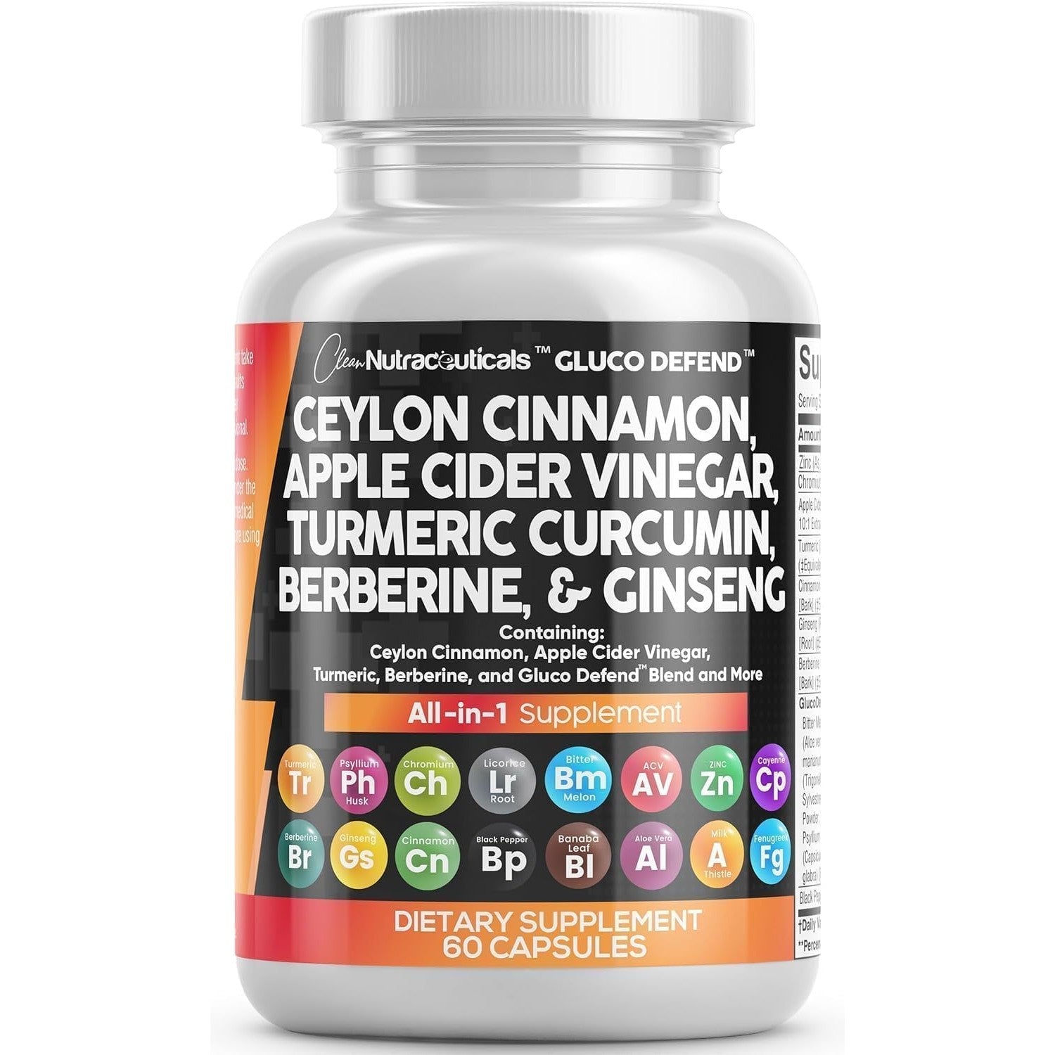 Ceylon Cinnamon Capsules + Apple Cider Vinegar Turmeric Berberine Supplement Ginseng Cayenne Pepper Bitter Melon Aloe Vera Fenugreek Milk Thistle Chromium 120 Pills Gluco Defend by Clean Nutra