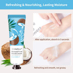 Coconut hand lotion tube with application results showing fast absorption and smooth finish. Verified by CuratCart.