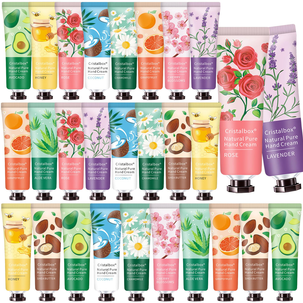 A vibrant 28 pack of hand lotions in various scents, including rose and lavender, perfect for gifting. 100% genuine products.