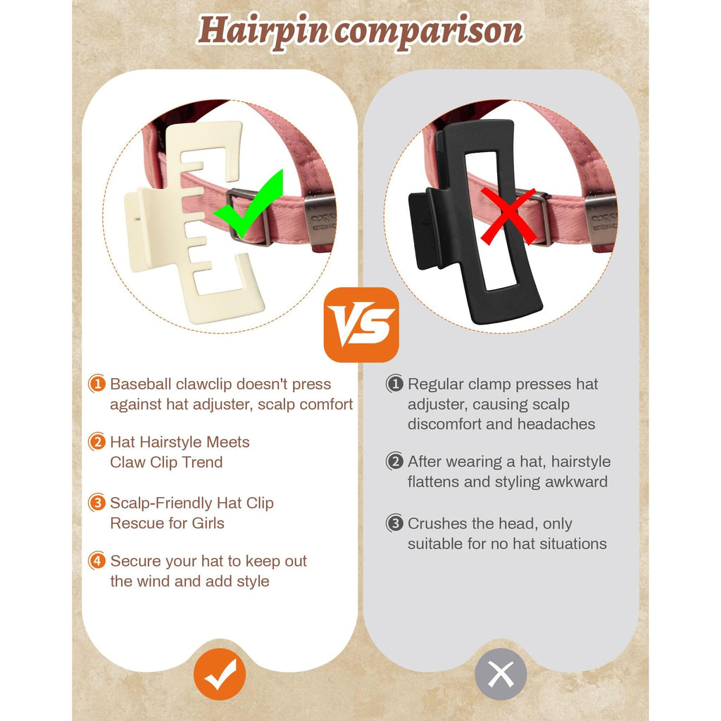 Side-by-side comparison of hat-friendly claw clips vs regular clips for comfort and style. Verified by CuratCart.