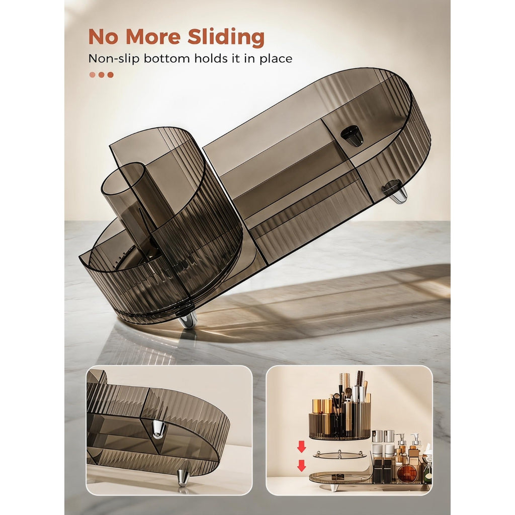 Stylish rotating makeup organizer features a non-slip bottom for stability, keeping cosmetics tidy and easily accessible.