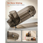 Stylish rotating makeup organizer features a non-slip bottom for stability, keeping cosmetics tidy and easily accessible.