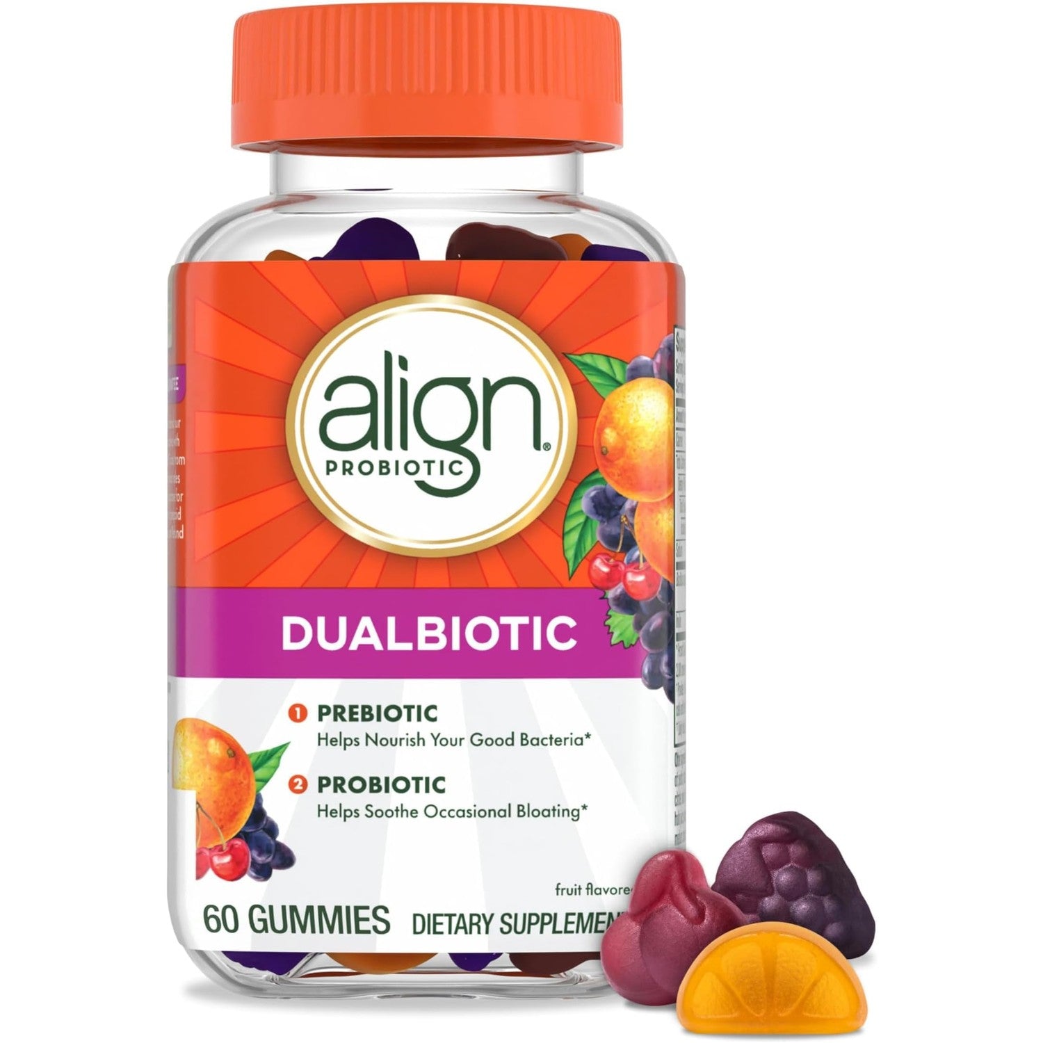Align DualBiotic, Prebiotic + Probiotic for Women and Men, Help Nourish and Add Good Bacteria for Digestive Support, Natural Fruit Flavors, 60 Gummies (Pack of 2)