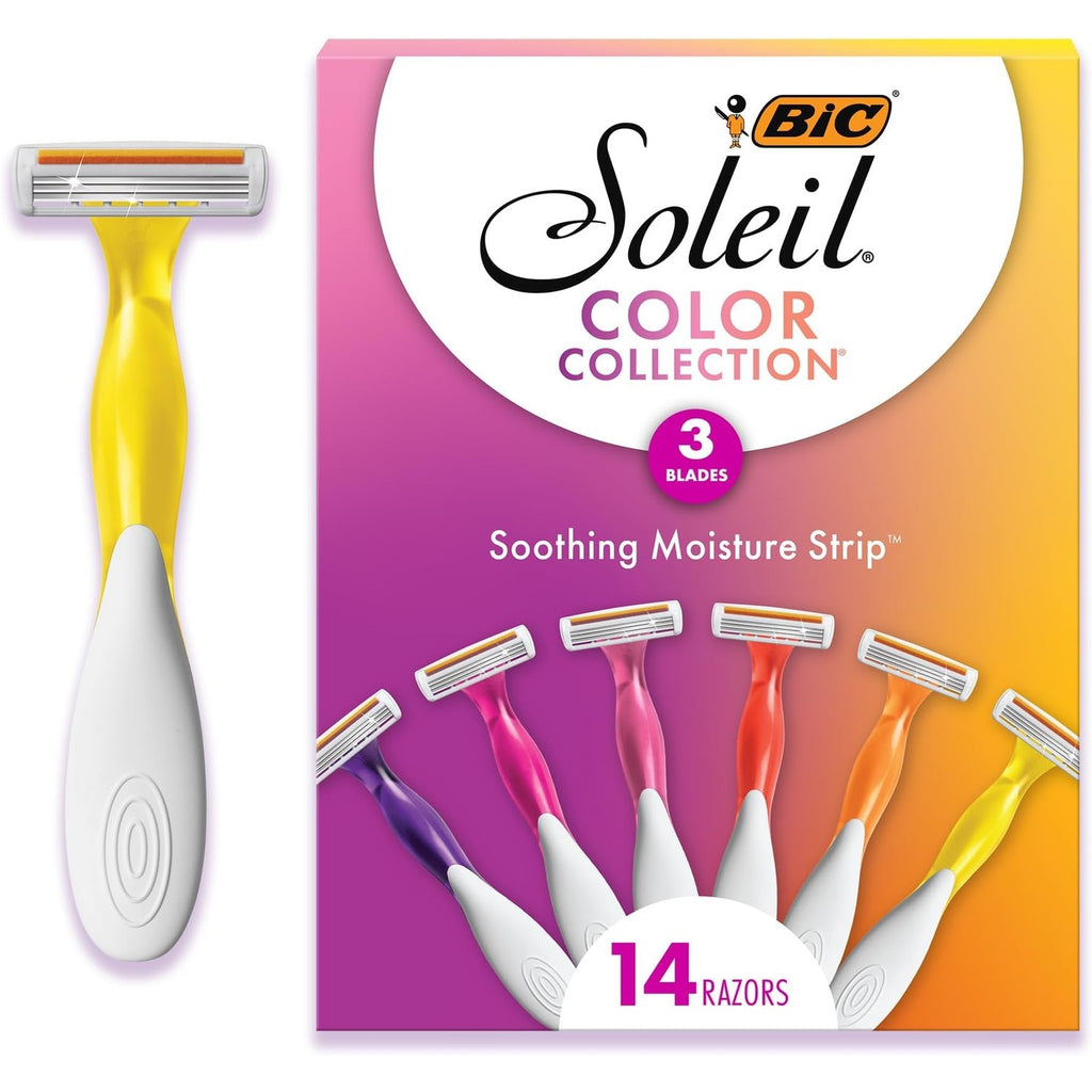 BIC Soleil 3 Colors Women's Disposable 3-Blade Razors, Aloe Vera Strip, College Dorm Room Essential, Shower Caddy and Toiletry Bag Ready, 14-Pack
