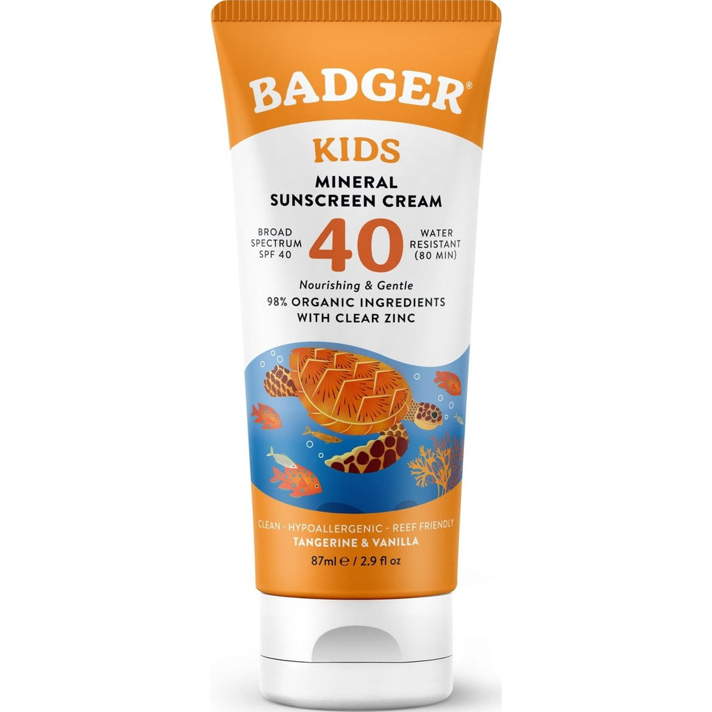 Badger Kids Mineral Sunscreen Cream SPF 40, 98% Organic Ingredients, Zinc Oxide Sunscreen for Kids Face & Body, Water Resistant, Reef Friendly, Hawaii Approved Broad Spectrum Sunblock, 2.9 fl oz