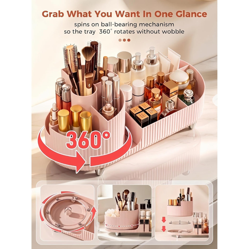 Pink rotating makeup organizer with 360° ball-bearing mechanism for easy access. Verified by CuratCart for trust.