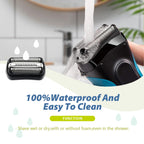 Electric shaver designed for wet and dry use, featuring a waterproof build for easy cleaning. Ideal for hassle-free grooming.