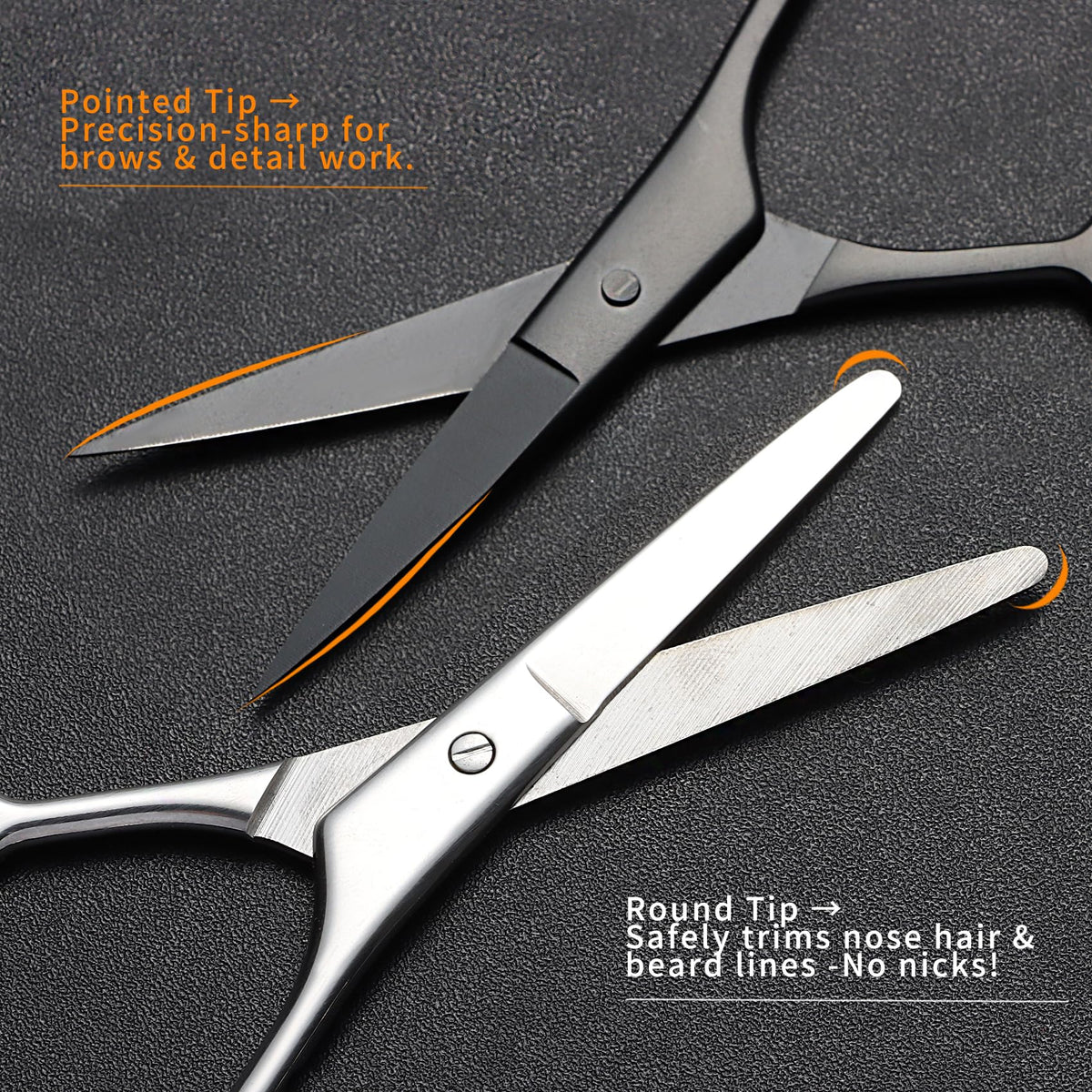 Premium imported grooming scissors for men and women, featuring pointed and round tips for precise trimming. Available at Curat Cart.