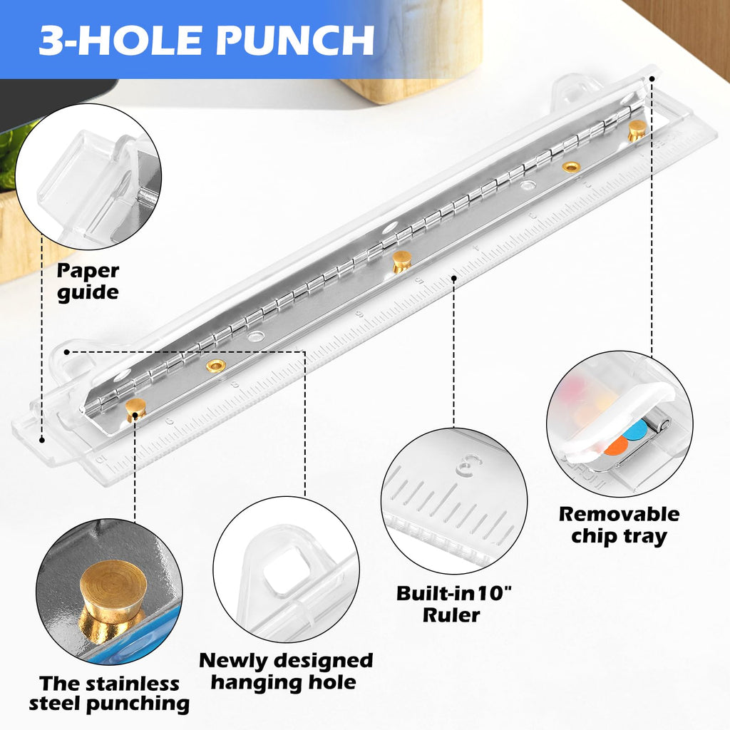 Discover the Portable 3 Hole Puncher with stainless steel, built-in ruler, and removable chip tray. 100% Authentic, available at Curat Cart.