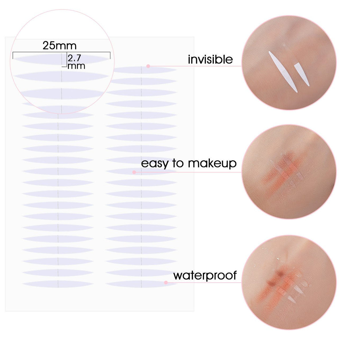 Premium imported ultra invisible double eyelid tapes, easy to apply, waterproof for long-lasting wear.