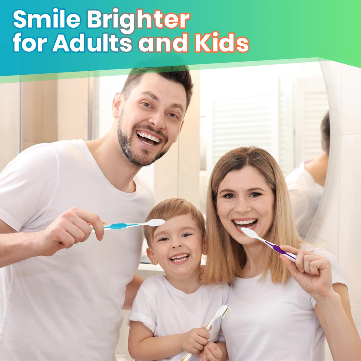 Bulk toothbrushes with covers showcased by a family, promoting smiles for all ages. Available at Curat Cart.