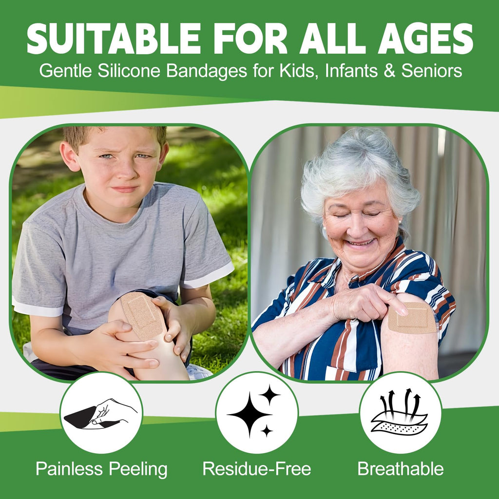 Gentle silicone bandages for sensitive skin, suitable for all ages, featuring high-quality packaging at Curat Cart.
