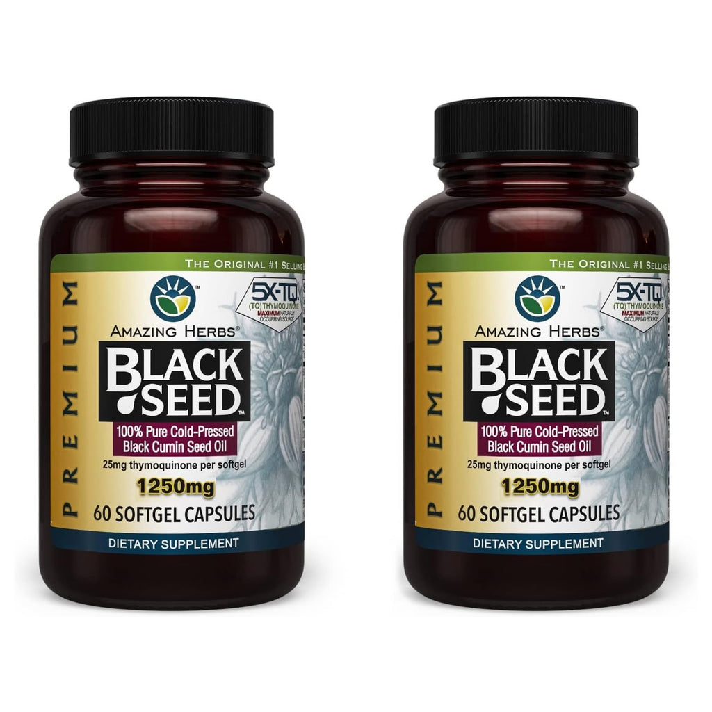 Amazing Herbs Premium Black Seed Oil - 60 Count Softgels, 1250mg | Capsules, Pressed Nigella Sativa for Women & Men, Aids in Digestive Health, Normal Immune & Brain Support
