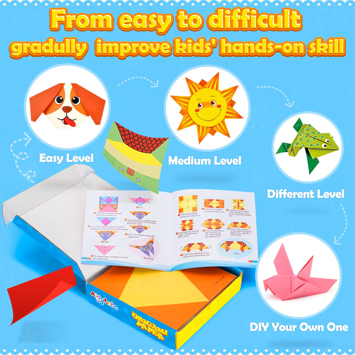 Engage creativity with the Origami Paper Kit for Kids from Curat Cart, featuring levels from easy to difficult. Perfect for skill development.