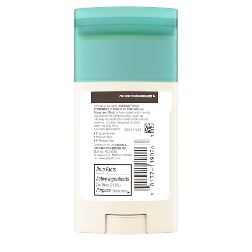 Buy now Aveeno Kids Continuous Protection Zinc Oxide Mineral Sunscreen Stick for Sensitive Skin, Face & Body Sunscreen Stick for Kids with Broad Spectrum SPF 50, Sweat- & Water-Resistant, 1.5 oz at indiglob india