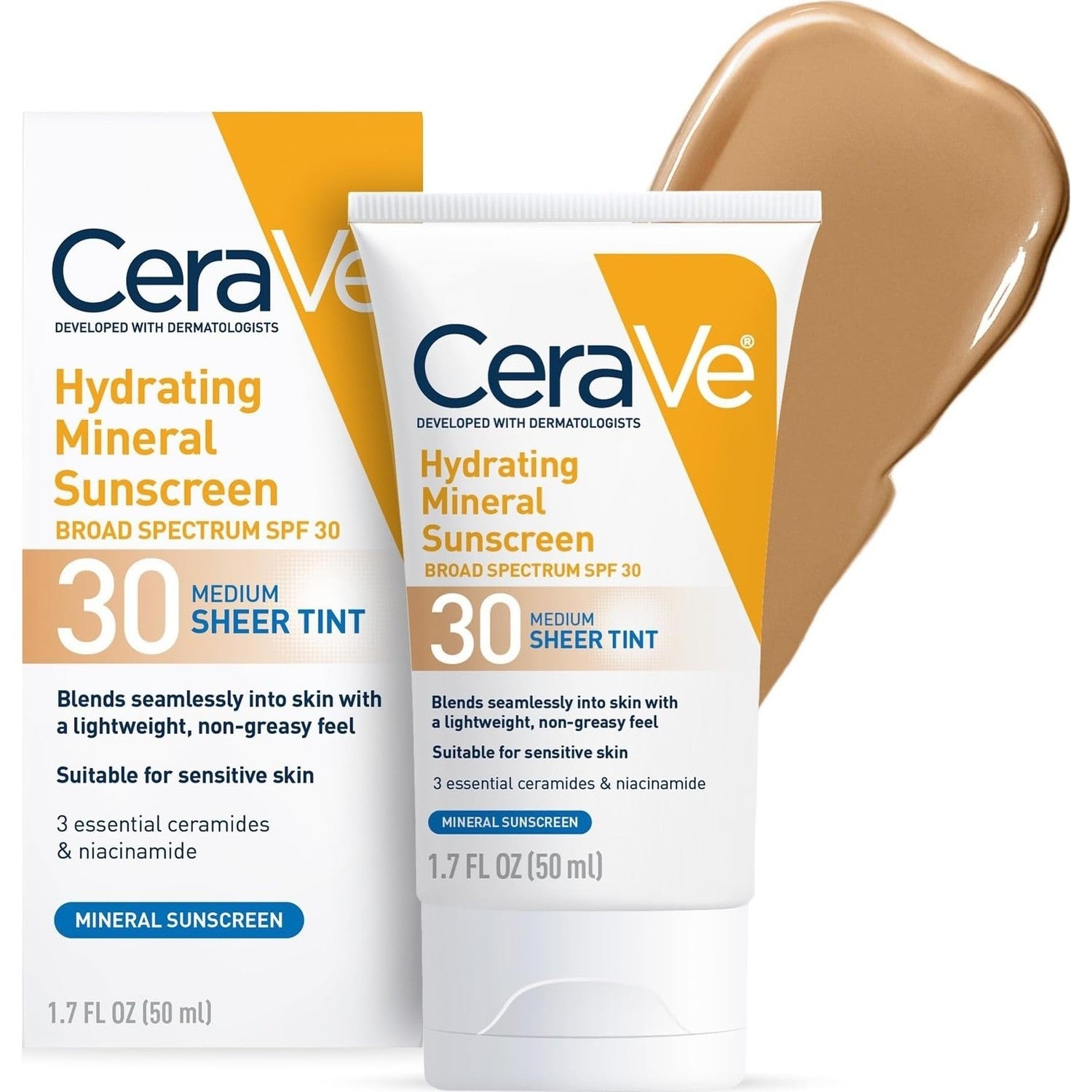 CeraVe Tinted Sunscreen for Face, Mineral SPF 30 Moisturizer, Medium, 1.7oz | Skin Care, Face Sunscreen, Hyaluronic Acid, Zinc Oxide, Titanium Dioxide, Sheer Tint, Healthy Glow, Blends Seamlessly
