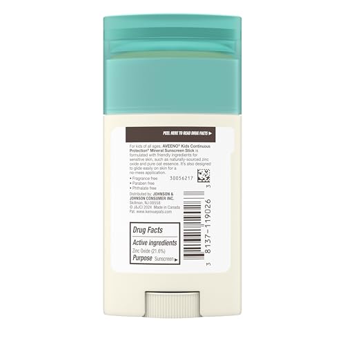 Buy now Aveeno Kids Continuous Protection Zinc Oxide Mineral Sunscreen Stick for Sensitive Skin, Face & Body Sunscreen Stick for Kids with Broad Spectrum SPF 50, Sweat- & Water-Resistant, 1.5 oz at indiglob india