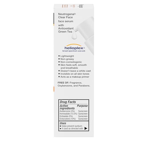 Buy now Neutrogena Clear Face Serum Sunscreen with Green Tea, Broad Spectrum SPF 60, Non-Comedogenic Face Sunscreen for Lightweight UVA/UVB Protection, Oxybenzone- & Fragrance-Free, 1.7 fl. oz at indiglob india