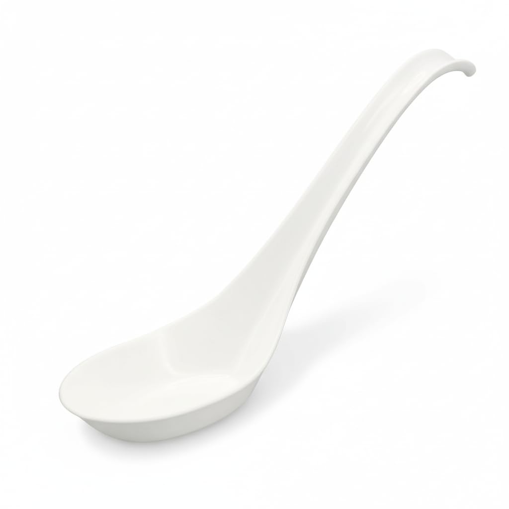 50 Pack Disposable Asian Soup Spoons with Hook – Eco-Friendly Cornstarch Spoons for Ramen Pho Noodle Bowls, Heavy Duty Takeout Spoons, BPA-Free