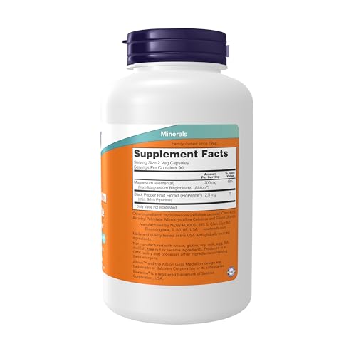 Buy now Now Supplements, Magnesium Glycinate with BioPerine, 180 Veg Capsules at indiglob india