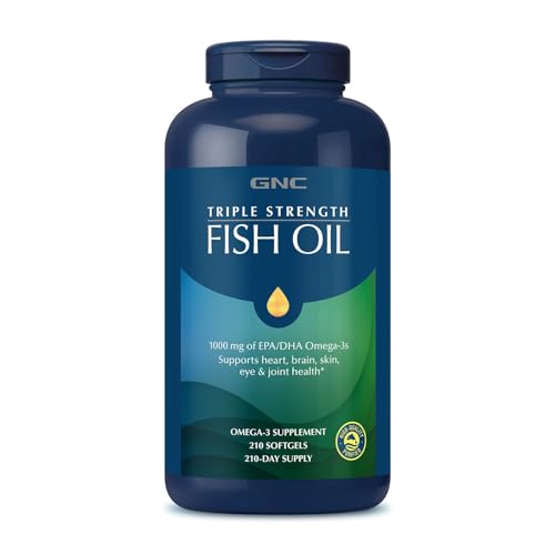 Buy now GNC Triple Strength Fish Oil Omega 3 Supplement, 1000mg EPA and DHA, Supports Heart, Brain, Skin, Eye and Joint Health, 210 Softgels at indiglob india