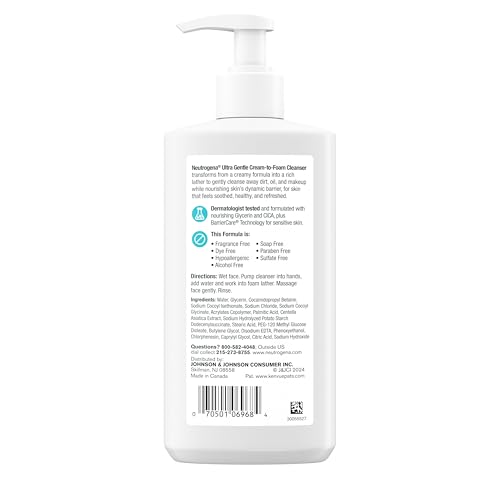 Buy now Neutrogena Ultra Gentle Cream to Foaming Face Wash for Sensitive Skin, Fragrance-Free Gentle Facial Cleanser, Hypoallergenic Skin Care, Non-Comedogenic Makeup Remover, 8.5 oz at indiglob india