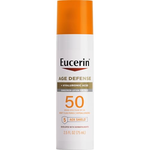 Buy now Eucerin Sun Age Defense SPF 50 Face Sunscreen Lotion with Hyaluronic Acid, Hypoallergenic, Non-Comedogenic Sunscreen SPF 50 Free of Fragrance, Oxybenzone and Octinoxate, 2.5 Fl Oz Bottle at indiglob india