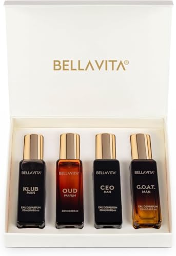 Buy now Bella Vita Luxury Long Lasting Perfume Gift Set for Man | 4x20ml | Gifts for Men | Woody, Citrusy, Oud, Premium Fragrance Scent | KLUB, OUD, CEO, G.O.A.T | Best gift for Valentine's Day at indiglob india