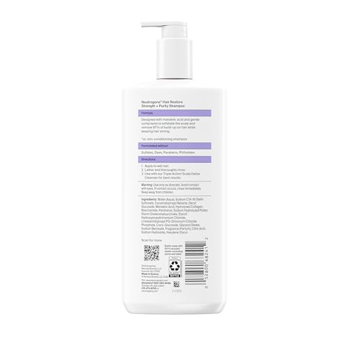 Buy now Neutrogena Hair Restore Strength + Purity Shampoo, Exfoliating Hair Wash with 1.5% Mandelic Acid Gently Removes 97% of Buildup & Reduces Shedding due to Breakage, Paraben-Free, 13 fl oz at indiglob india
