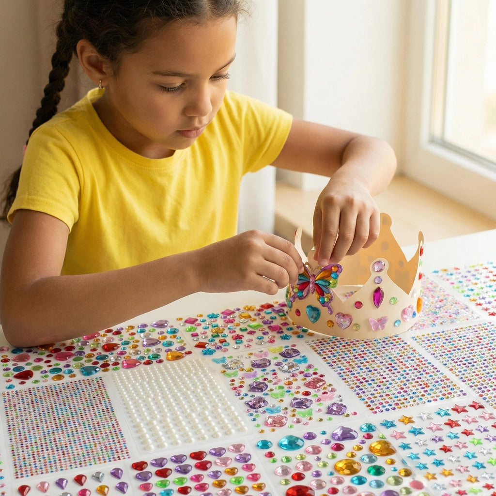 Vibrant self-adhesive jewels for crafts showcased in quality packaging, ideal for creative projects from Curat Cart.