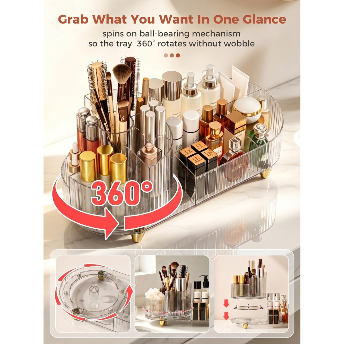 Stylish Booklov rotating makeup organizer showcases a clear design, allowing easy access to makeup essentials from all angles.