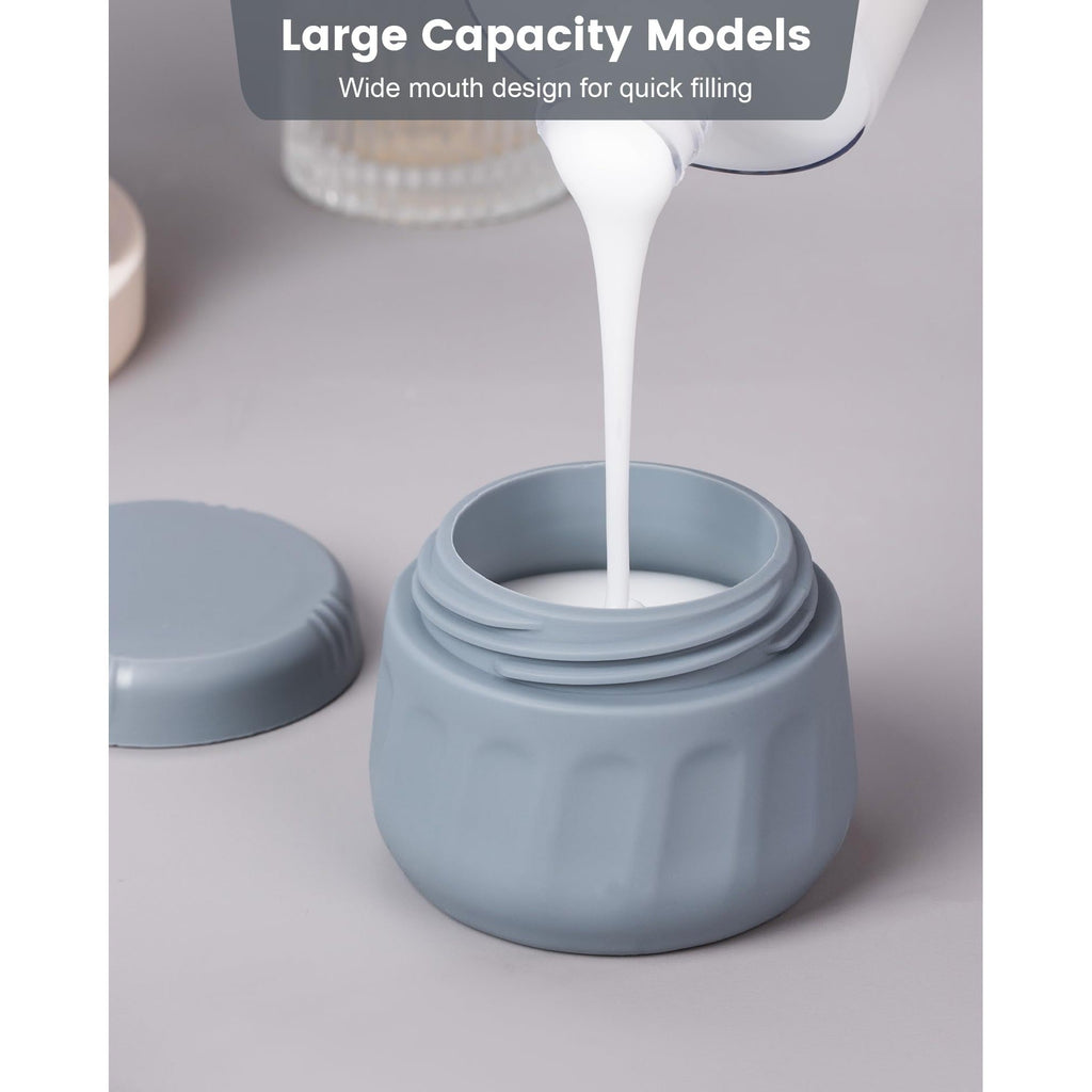 Stylish gray travel container with a wide mouth, ideal for quick filling of toiletries, designed for convenience.