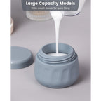 Stylish gray travel container with a wide mouth, ideal for quick filling of toiletries, designed for convenience.