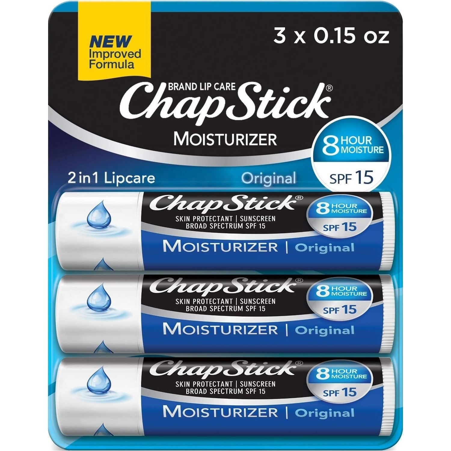 ChapStick Moisture + SPF 15 Lip Balm Sunscreen Variety 5-Pack, 0.15 Oz Ea | Variety 3-Pack (1 Original, 1 Cool Mint, and 1 Black Cherry) + 2 Original Moisture Lip Moisturizers with Sun Protection
