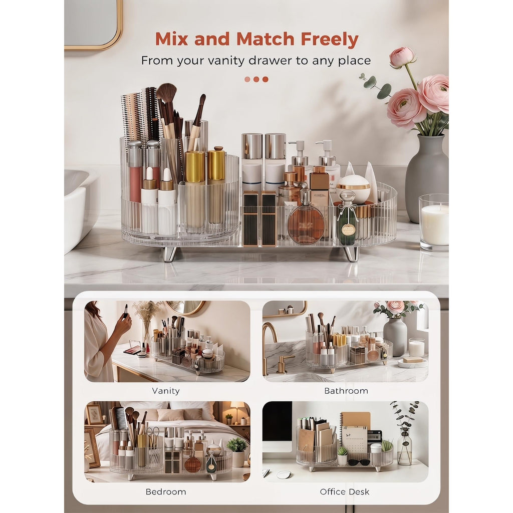 Stylish rotating makeup organizer for vanity, bathroom, bedroom, or office. Verified by CuratCart for quality assurance.
