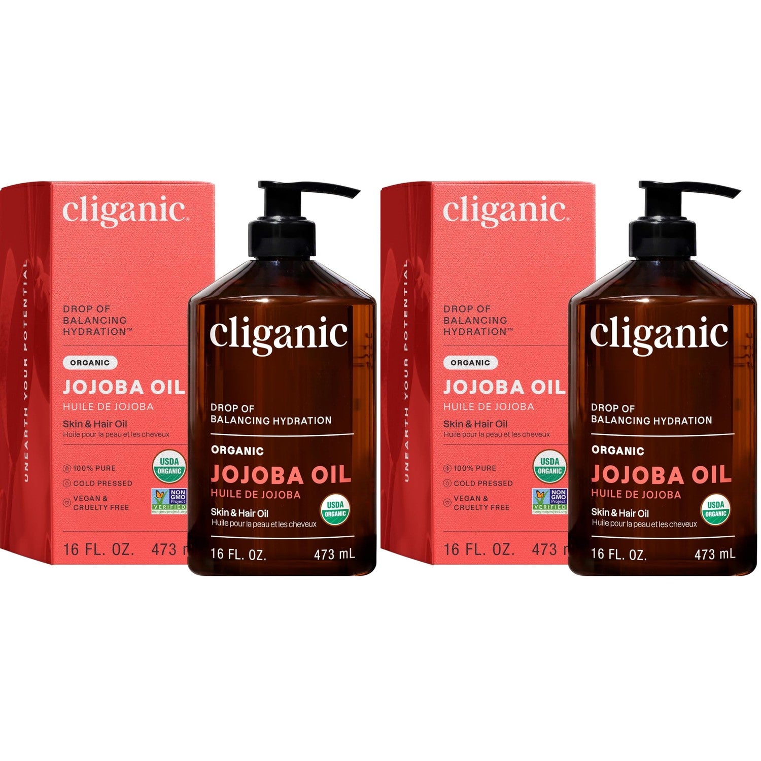 Cliganic Organic Jojoba Oil 16oz with Pump, 100% Pure | Bulk, Moisturizing Oil for Face, Hair, Skin & Nails | Natural Cold Pressed