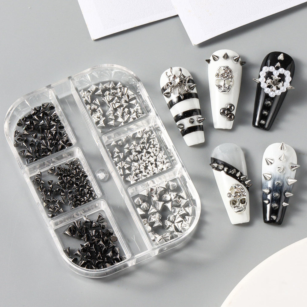 Mini Metal Punk Nail Art Studs in stylish packaging, perfect for DIY nail designs. Elevate your nail game with Curat Cart.