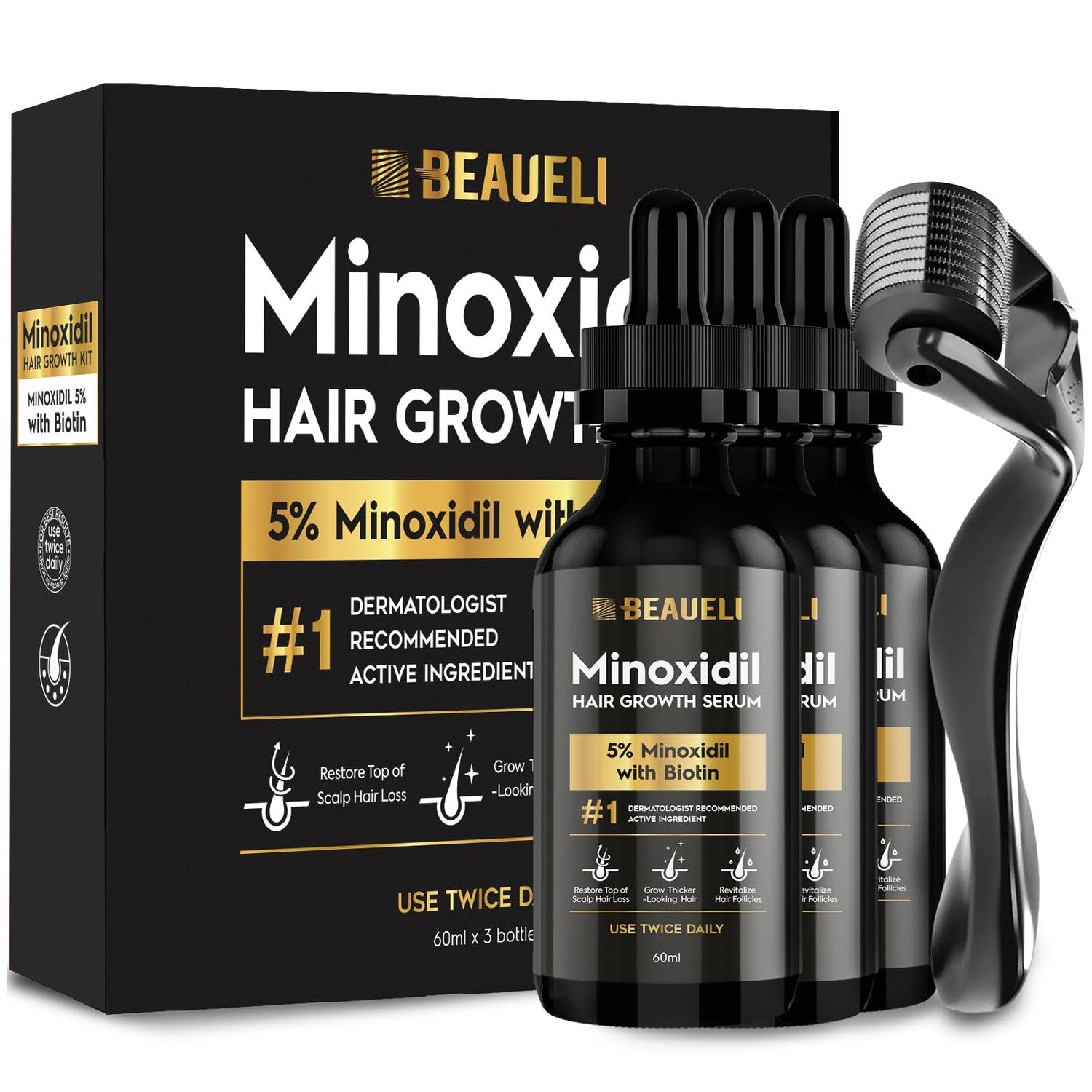 Beaueli Minoxidil Beard Growth Kit For Men and Women, Hair Loss and Hair Regrowth Treatments, Minoxidil 5%, Black