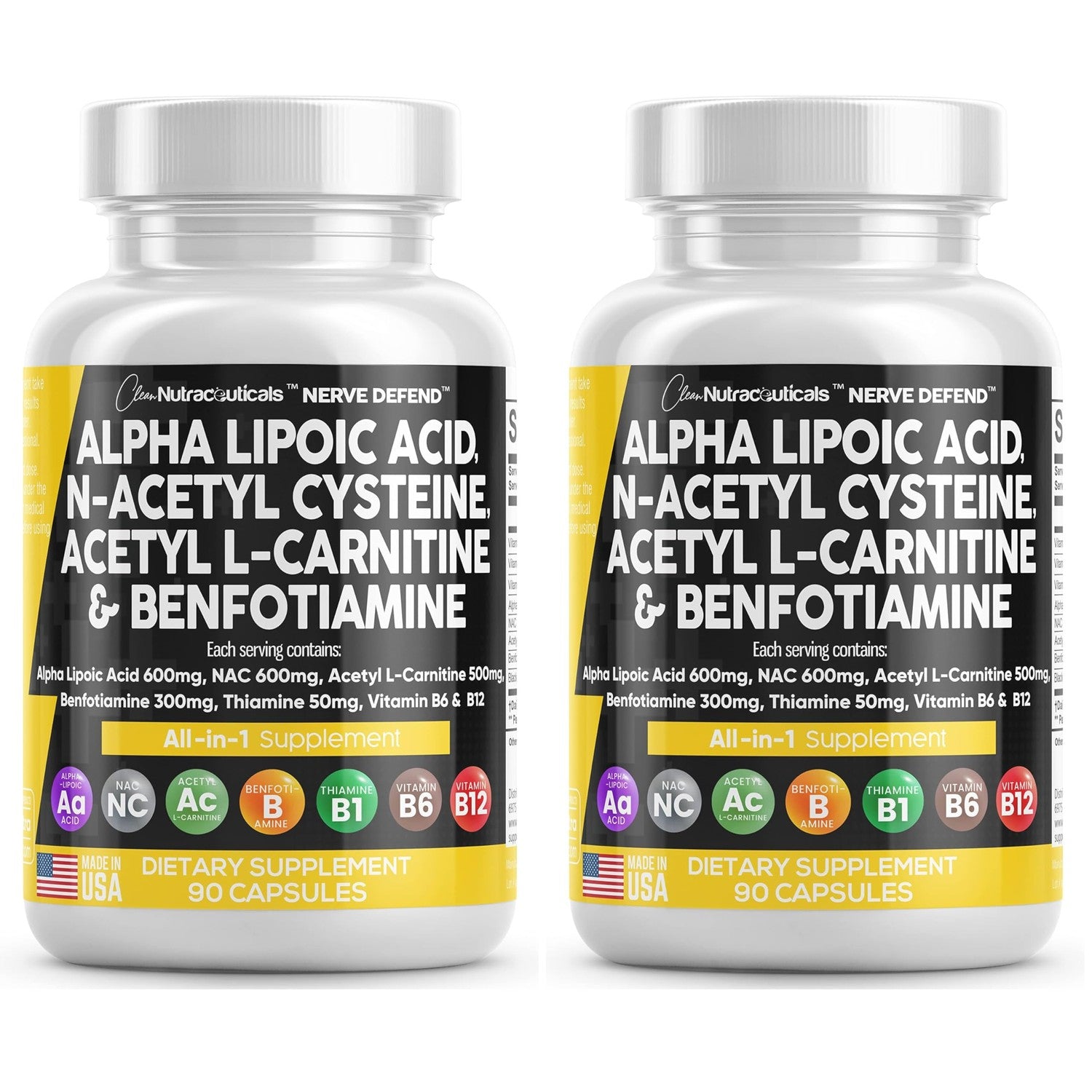 Alpha Lipoic Acid 600mg N-Acetyl Cysteine 600mg Acetyl L-Carnitine 500mg Benfotiamine 300mg - Nerve Support Supplement for Women and Men with Vitamin B1 B6 & B12 - Made in USA 90 Caps
