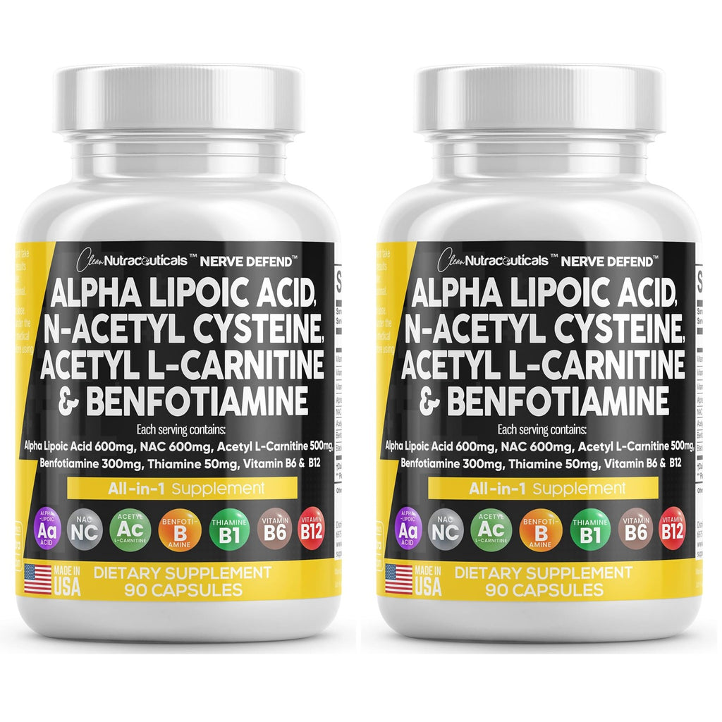 Alpha Lipoic Acid 600mg N-Acetyl Cysteine 600mg Acetyl L-Carnitine 500mg Benfotiamine 300mg - Nerve Support Supplement for Women and Men with Vitamin B1 B6 & B12 - Made in USA 90 Caps