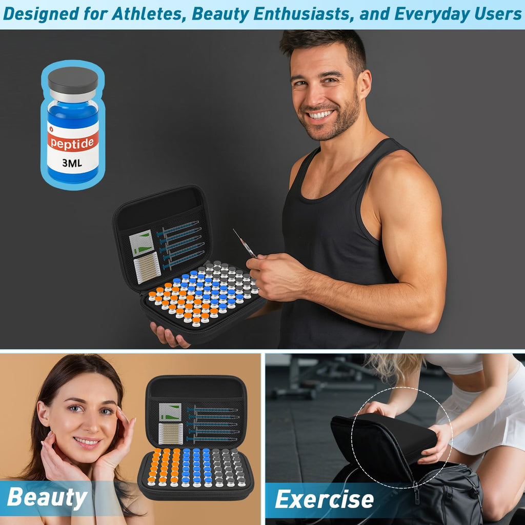 Peptide Organizer Case featuring vibrant vials, perfect for athletes and beauty enthusiasts. 100% Authentic, available at Curat Cart.