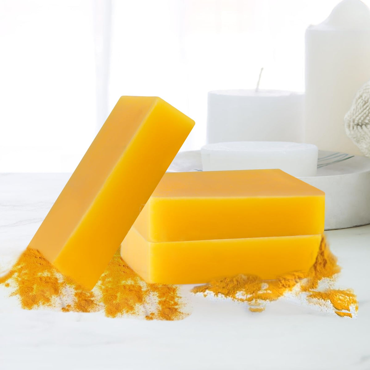 Experience the vibrant Lemon Turmeric Soap Bar in premium packaging, highlighting natural ingredients for glowing skin. Available at Curat Cart.