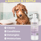 Premium dog shampoo conditioner detangler in official packaging, crafted for cleaning, conditioning, detangling, and moisturizing. Available at Curat Cart.