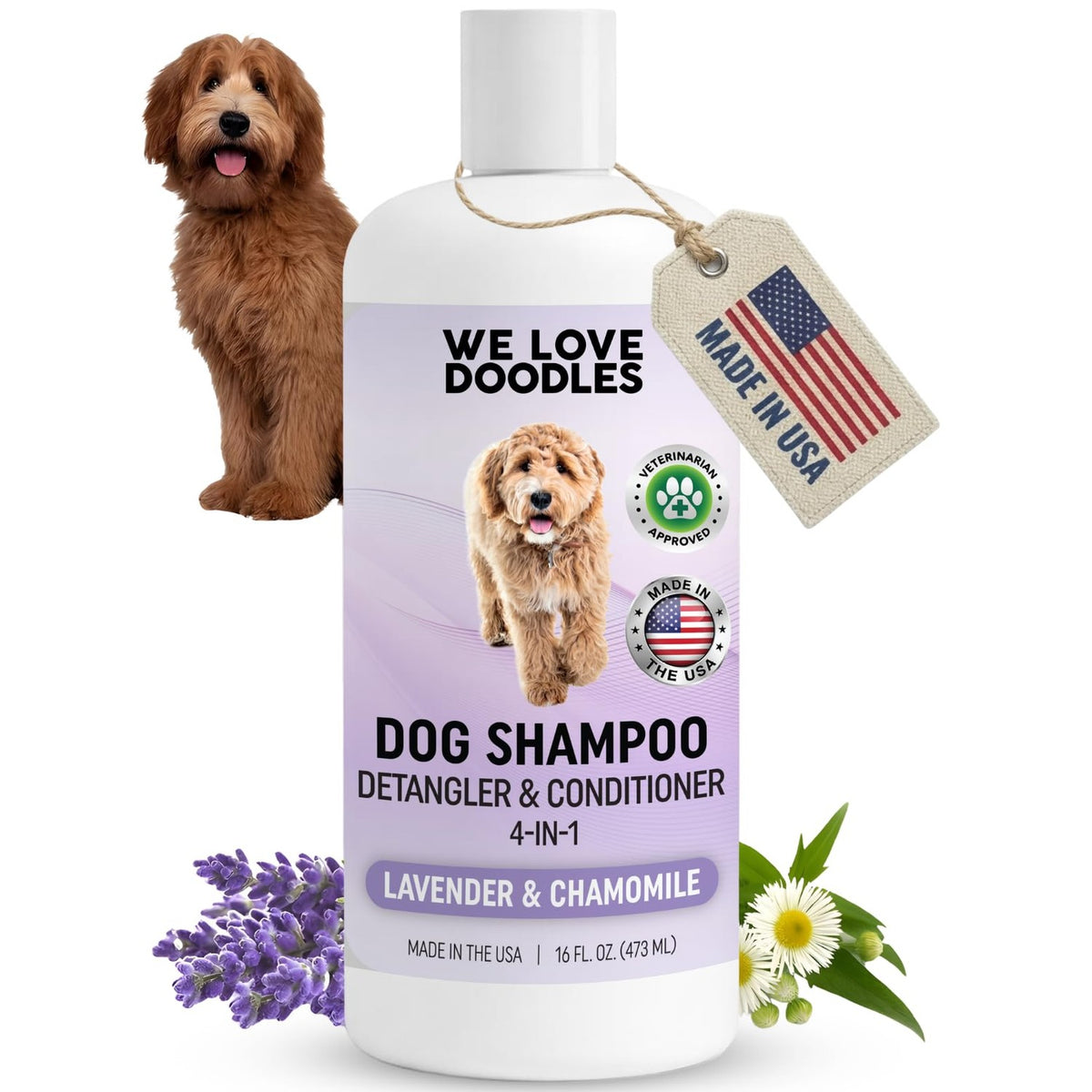 Discover the premium imported Dog Shampoo Conditioner Detangler from Curat Cart, featuring lavender and chamomile for your pet's grooming needs.