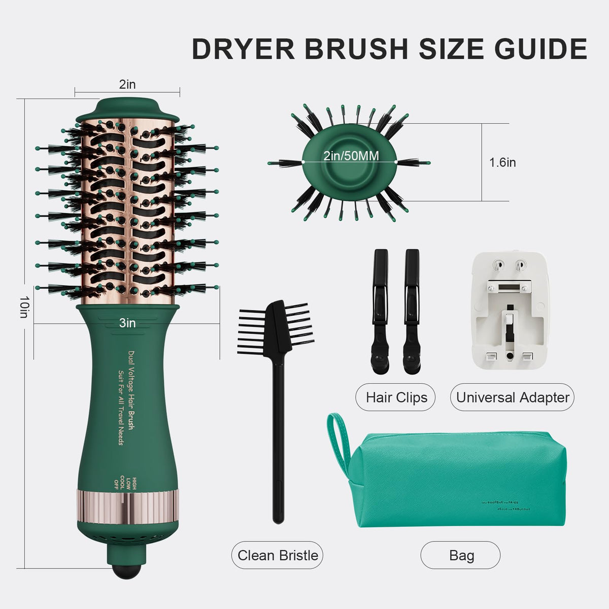 Versatile 4-in-1 hair dryer brush, ideal for travel. Includes hair clips, adapter, and bag. Order online for delivery.