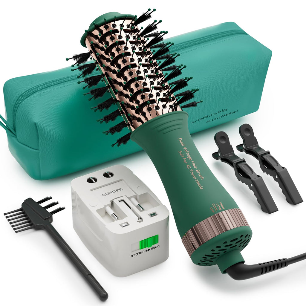 Premium imported 4-in-1 travel hair dryer with dual voltage, storage case, and accessories for versatile styling.