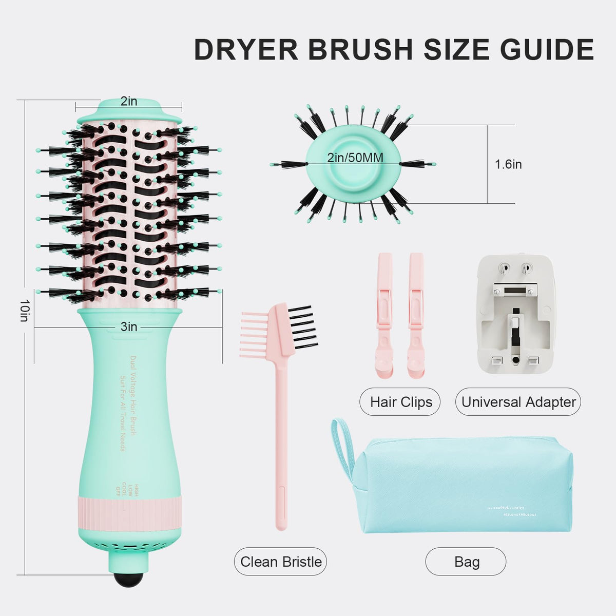 Portable 4-in-1 hair dryer with size guide. Includes brush, clips, and universal adapter. Order online now!