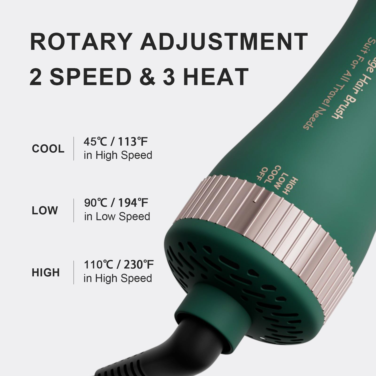 Feature-rich 4-in-1 travel hair dryer with rotary adjustment, offering dual voltage, 2 speeds, and 3 heat settings.